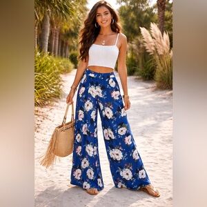 Womens Floral Wide Leg Pants Size LP Beachy Bohemian‎ Festival Retro Pull On
